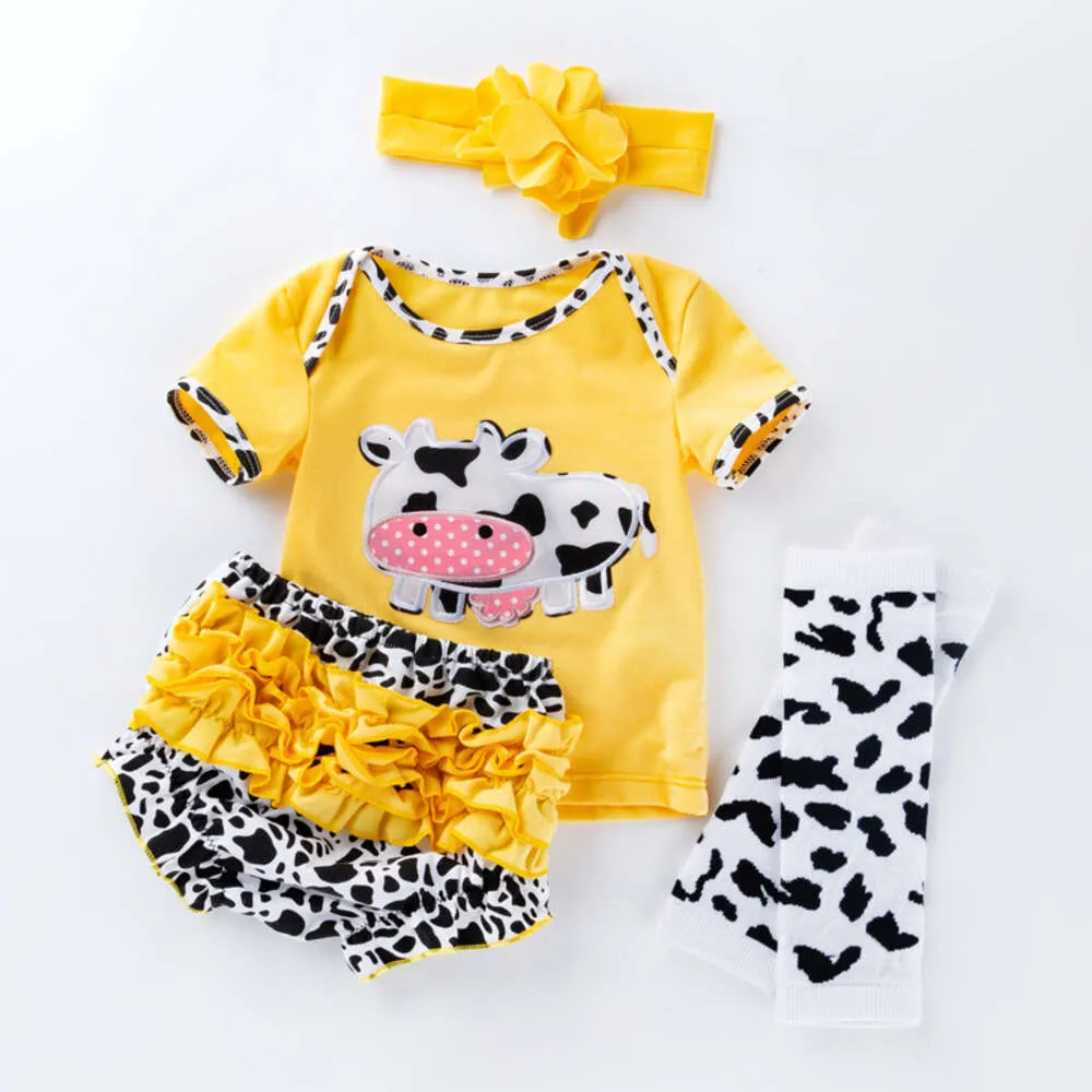 Doll Clothes Rebirth 18-23 Inch Simulation Baby Cartoon Cow Short Sleeved T-shirt PP Pants 4-piece Set