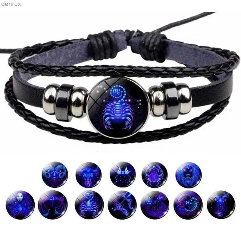 Andra armband Classic 12 stjärntecken Constellation Charm Armband Mens and Womens Hand Woven Multilayer Leather Armets smycken Giftl240415