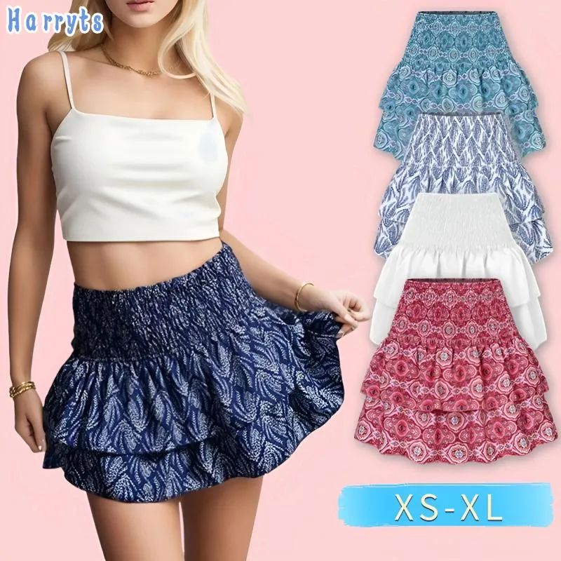 Rokken 2024 zigeuner voor vrouwen zomer hoge taille sexy boho bloemenprint vakantie mini rok lichte strech elegant zwart kort