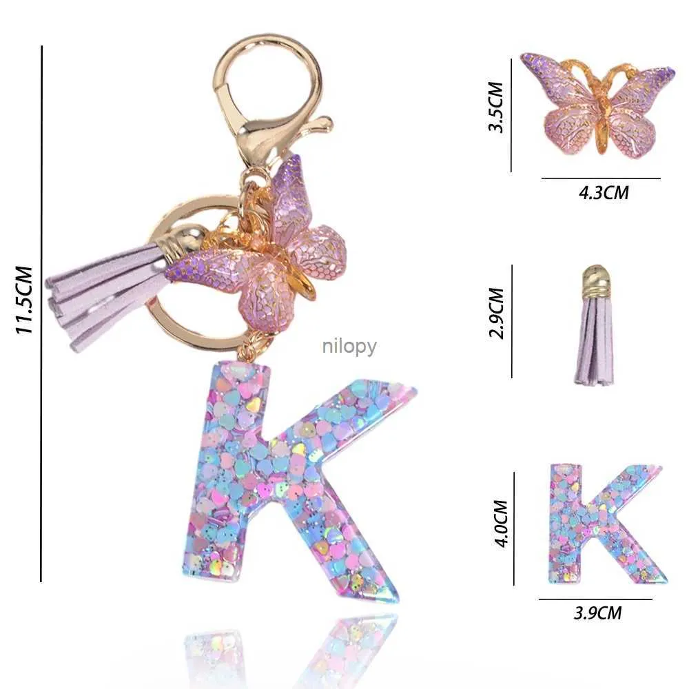 Keychains Lanyards A-Z Dreamy Sequin Letters Keychain for Women Tassel Butterfly Pendant Initial Keyring Purse Suspension Väskor Charms bil nyckelkedja