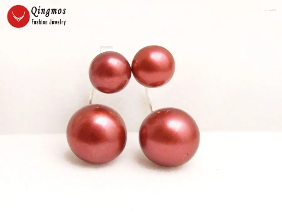 Boucles d'oreilles goujons Qingmos arrière avant perle naturel pour les femmes avec 8 à 11 mm rouge rond rond à double facette fine bijoux oreille703