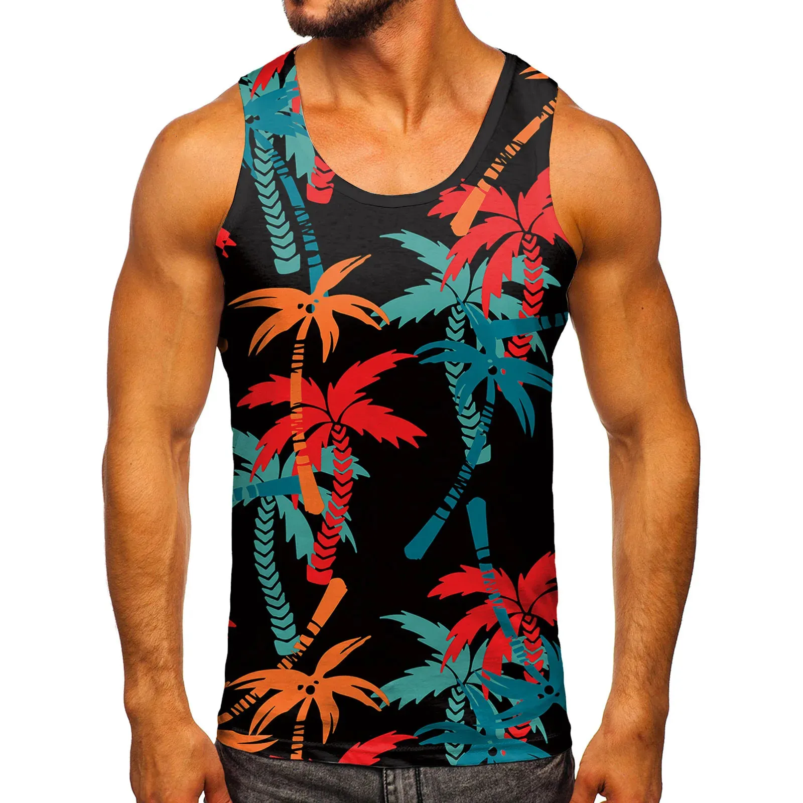 Palm Tree Print Top pour hommes 3D Sans manches en manches TEE PLAQUE HEMP MOTEUR HAUPHE HAWAII COLORFUR BEACHWEAR LOBE SHIRT 240415