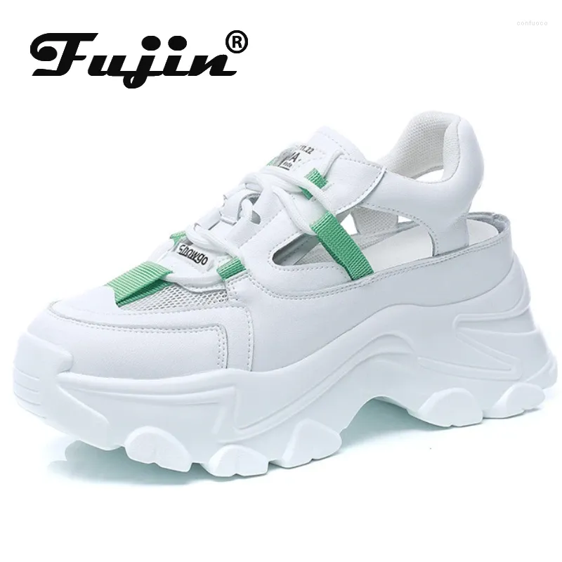 Casual skor fujin 7cm äkta läder kvinnor sommar sneakers ihålig andningsmode plattform kil vit