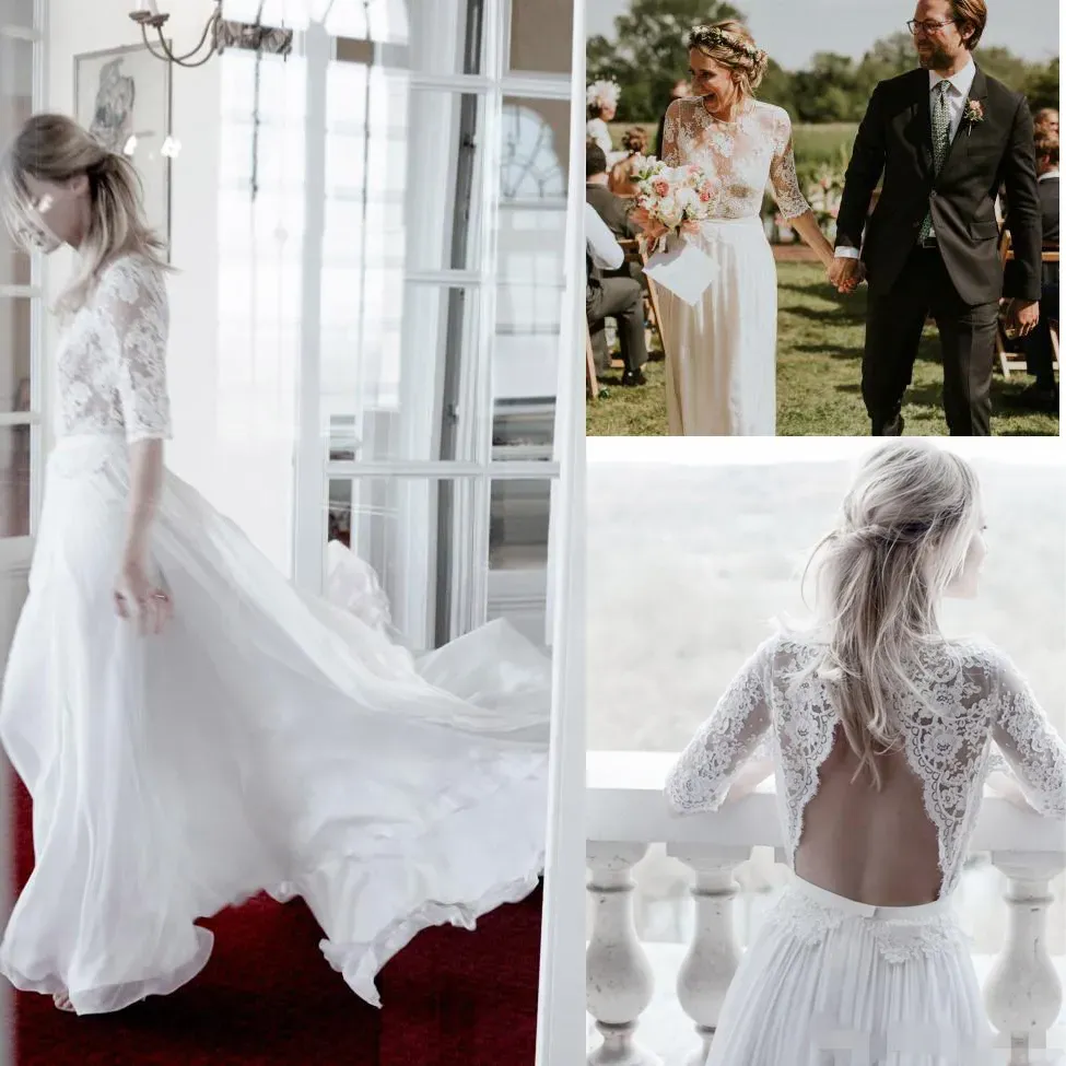 2024 vestidos de novia de campo 1/2 medias mangas aplique de encaje sexy hollow espalda illusion joya boho boho wedding wedding