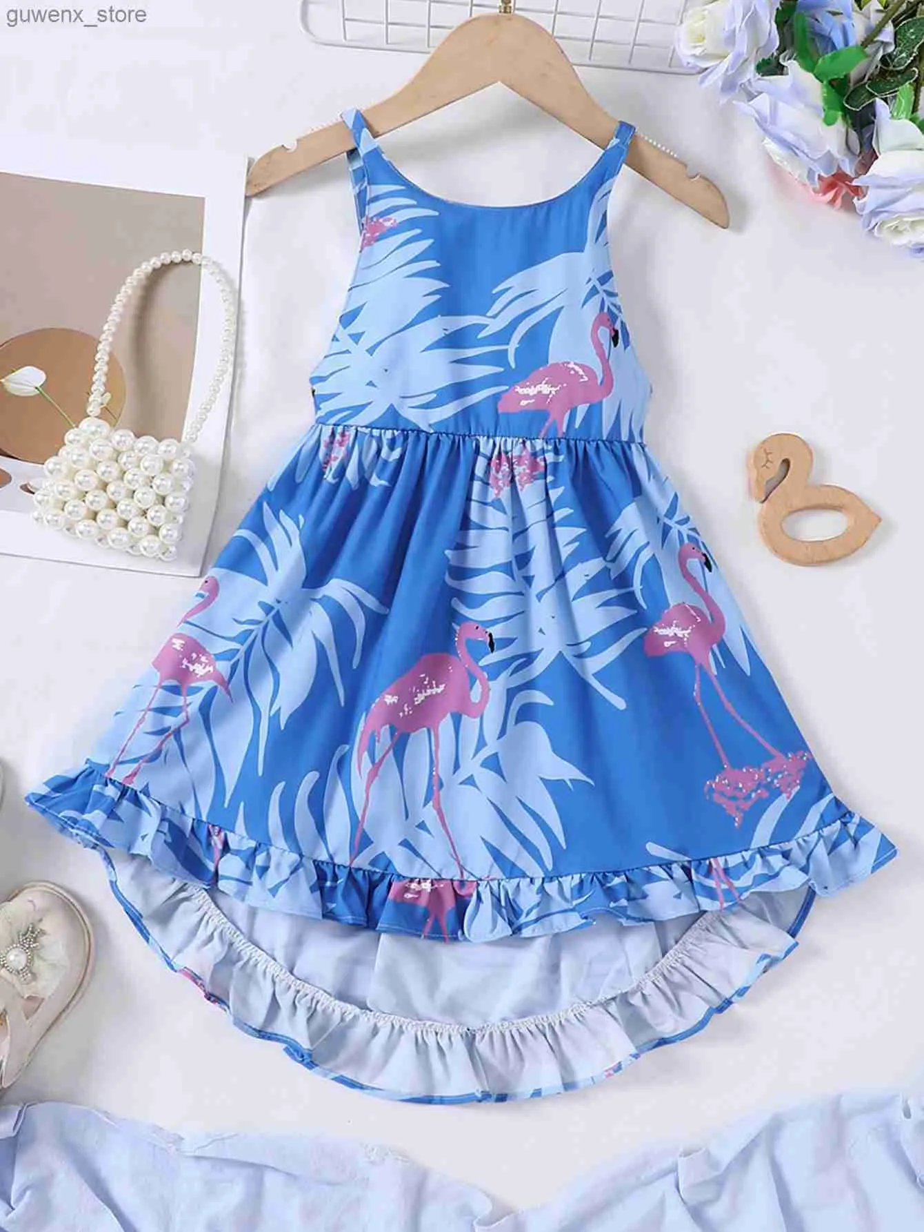 Abiti da ragazza Summer Nuovi arrivi per bambini Girls Casual Vacation Style Dress Flimingo Print Pretodressing 2-6 anni Y240415