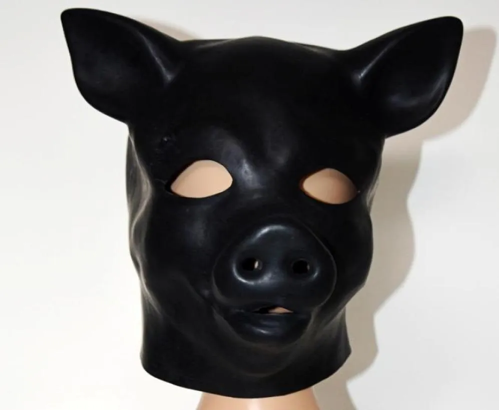 Produit de sexe Nouveau mâle féminin 100 Latex Natural Bondage Pig Pig Head Mask Eyepatch Gagd Headgear Hood Adult BDSM Toy Bed Game Set4460008