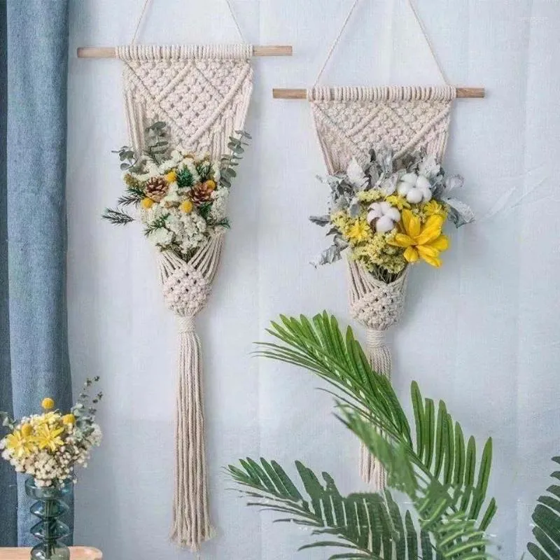 Wandteppiche handgefertigtes Wandteppich Garten Blume Arrangement Netzpocket handgewebte DIY-Baumwollseil Hängende Schlinge gewebter Korb