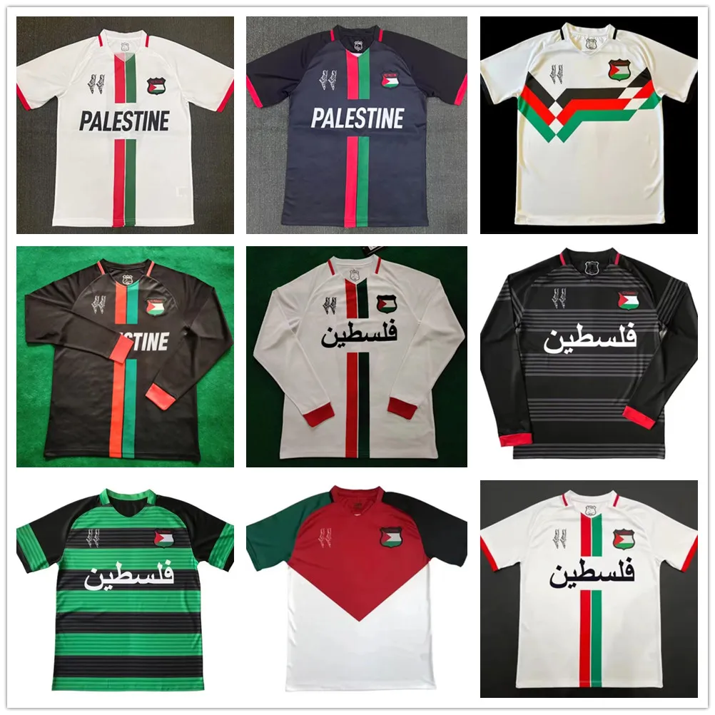 2023 24 Palestine Football Jersey Black Center Stripe (Red/Green English) Commemorative Football Shirt War Justice March Football Uniform