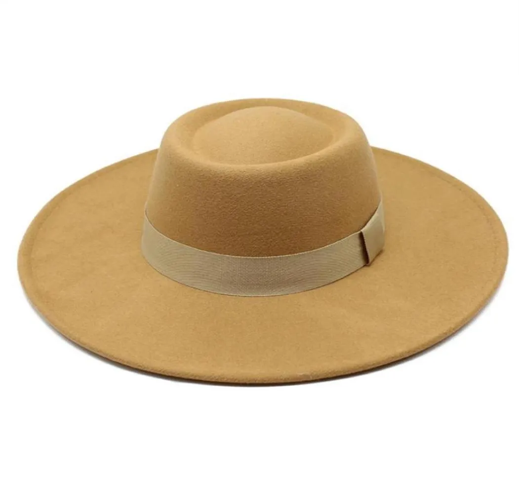 2021 Fashion Top Chapeaux pour les hommes Femmes Élégante Luxury Solid Felt Fedora Hat Band Wide Flat Brim Jazz Cap élégant Trilby Panama Caps838546094