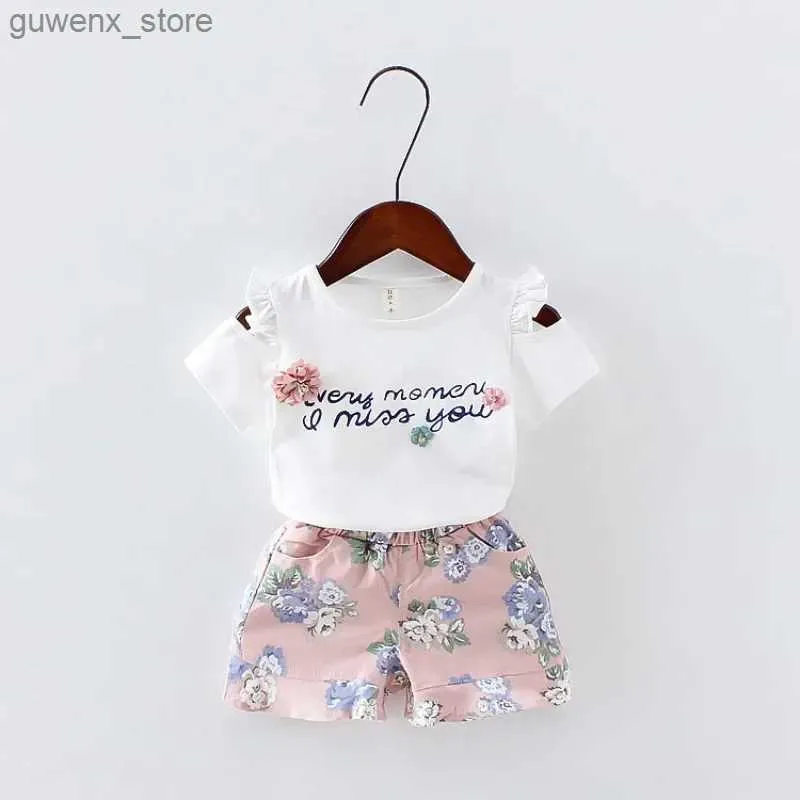 Kleidungssets Baby Girls Kleidung Blumen bedruckt kurz Ärmel trägerloses T-Shirt+Pant 2pcs Kinder Mädchen Set Kid Outfit Lady Anzug Prinzessin Kinder Set Y240415