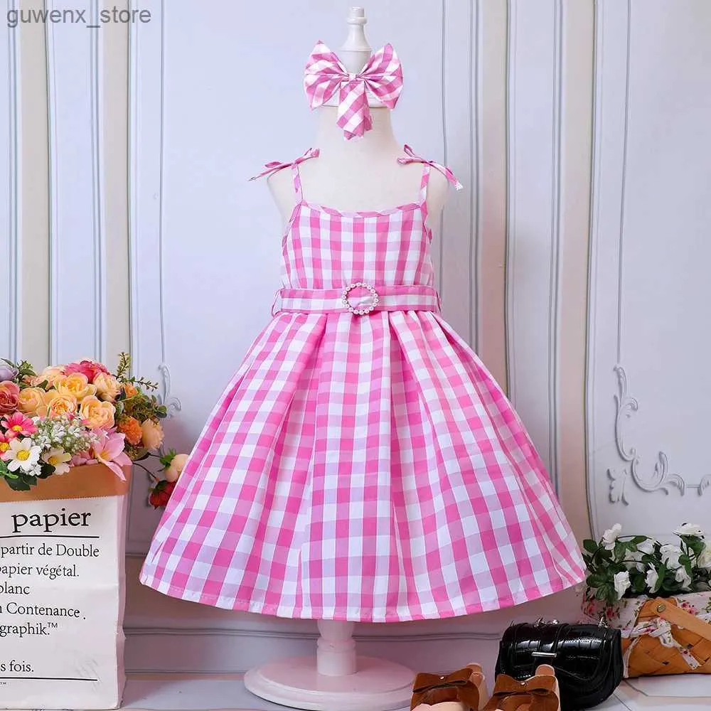 Girl's Dresses Girls Summer New Cosplay Plaid Party Princess Dress Y240415