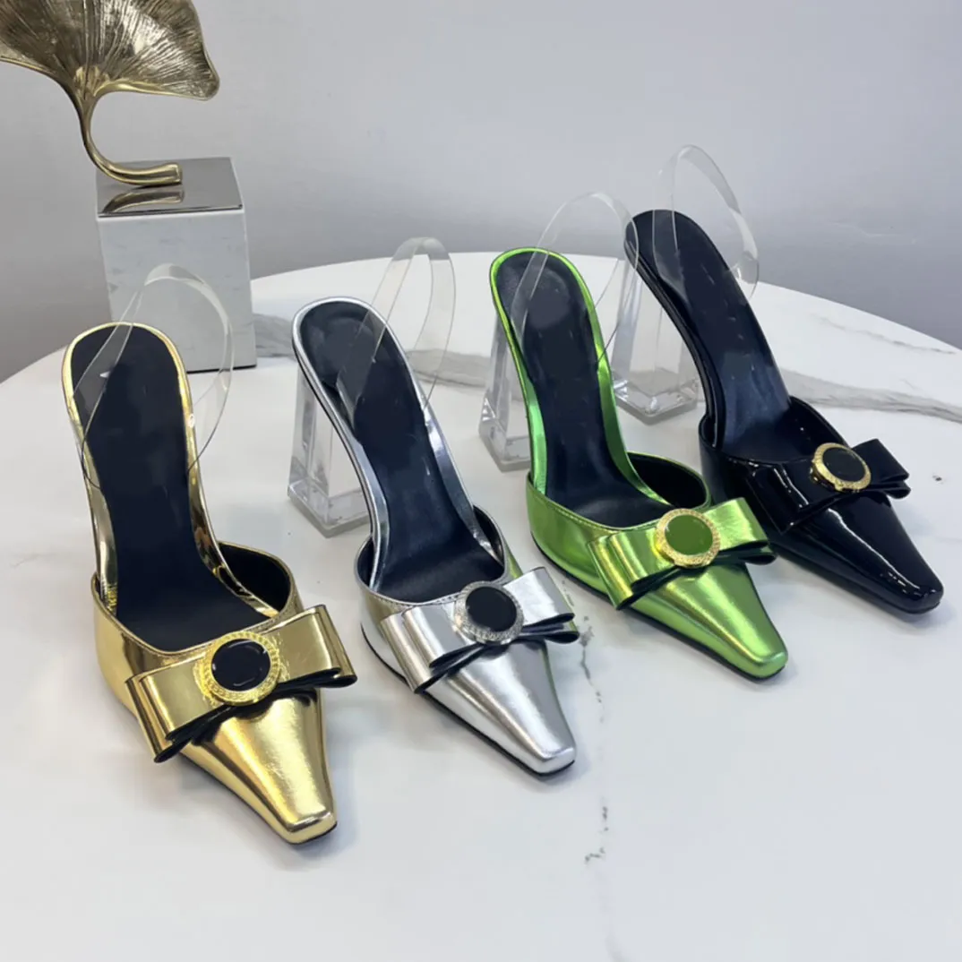 Designerskie sandały kobiety wysokie obcasy kapcie Medusa łuk kwadratowe obcasy 10 cm sandały luksusowe skórzane buty kwadratowe palce stóp najwyższą jakość lady bow-puste sandały