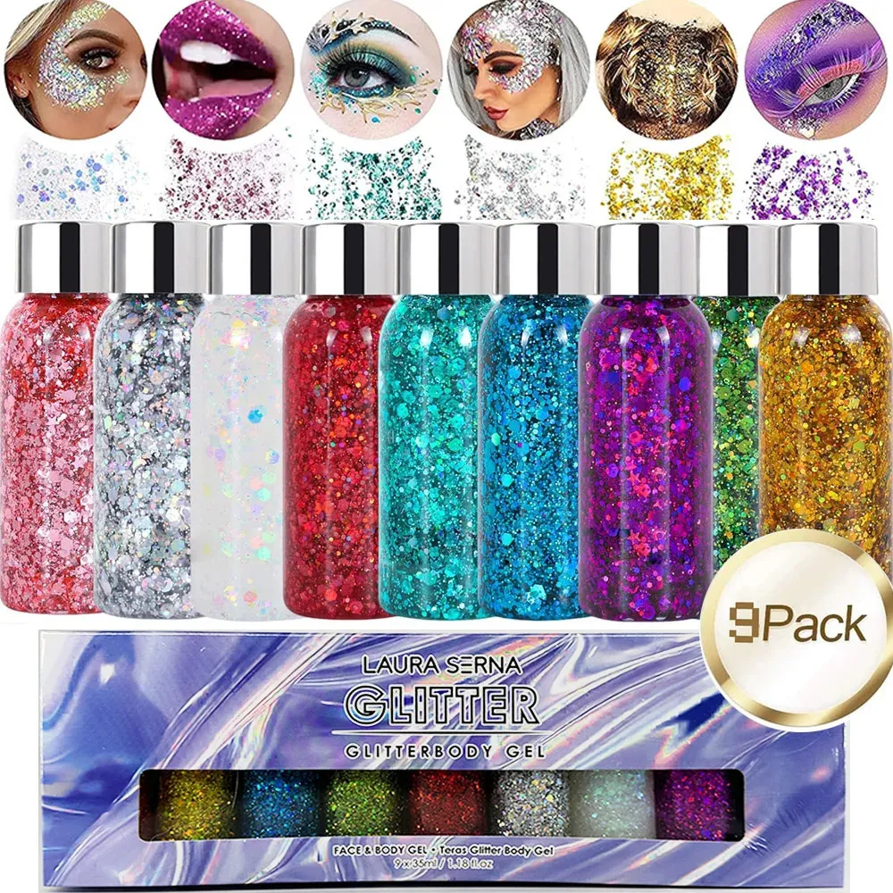 9 pacote face glitter gel sereia lantejoura grossa barra de maquiagem de cabelo lábio cola de brilho para o corpo para festivais 240415