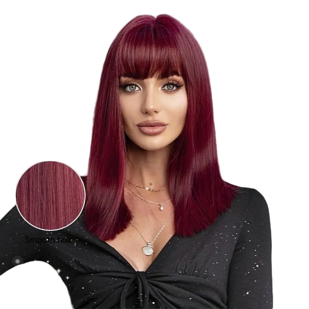 Long Straight hair Fashion lady Sexy Natural Fluffy Role playing wig Synthetic short hair Bob short hair black and White women wig 16inches Burgundy