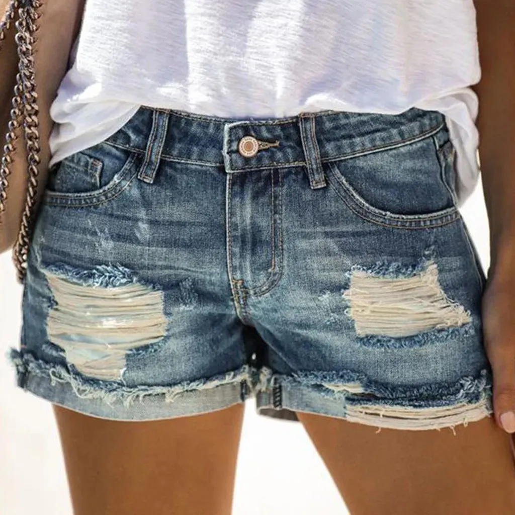 Zomer dames broek jeans puur kleurgat gratis fft denim shorts oude gebroken stijl pantalones de mujer 240415