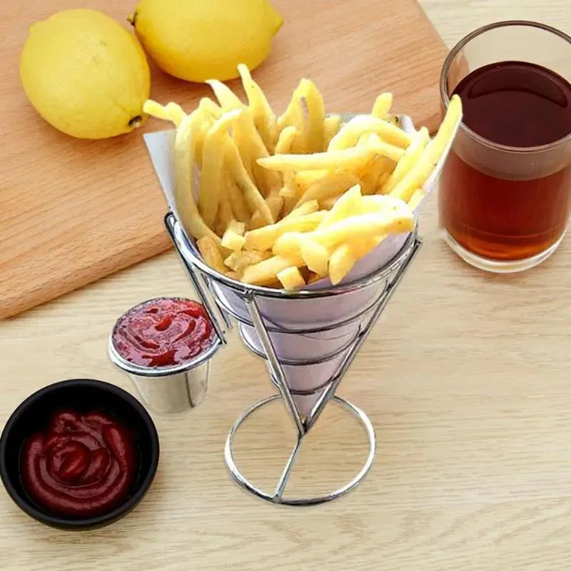 Keukenopslag friet mand calamares houder metalen stand met cup saus dipper roestvrije chip kegel fry voor voedsel