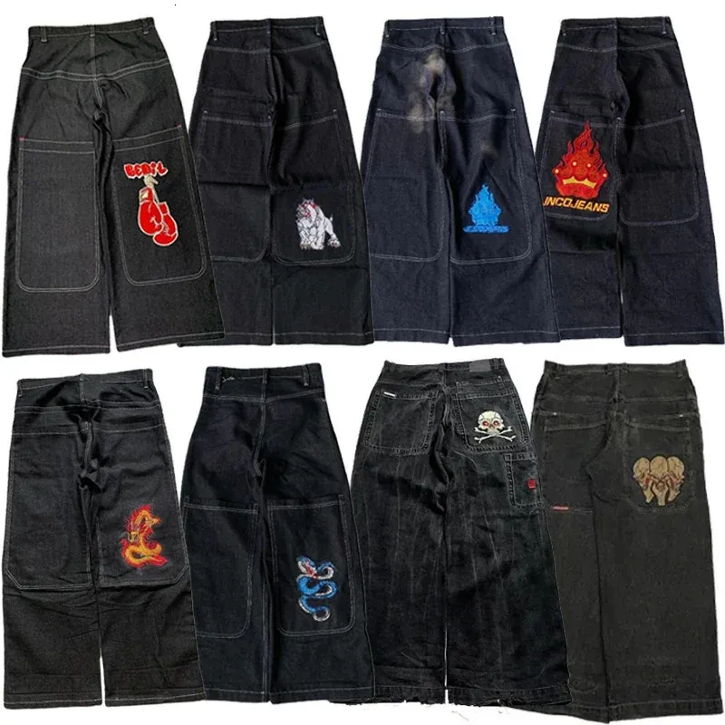 Y2K JNCO Wysokiej jakości haftowane hip hop workowane dżinsy plemienne dżinsy gotyckie streetwear harajuku czarne spodnie talia szerokia noga spoda 240415