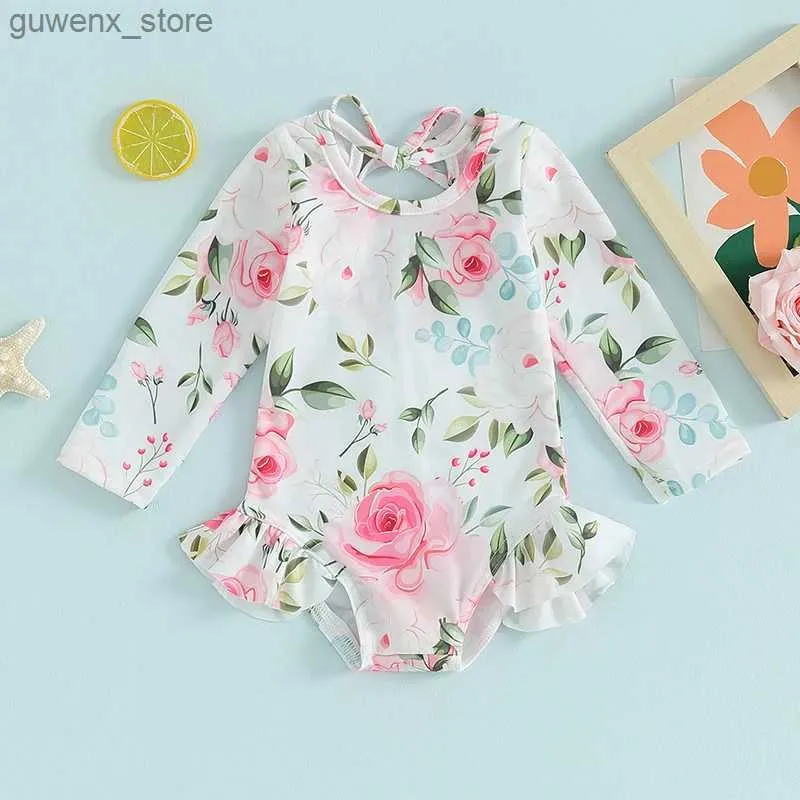 One-Pieces 6M-4T toddler girl Rush protective swimsuit jumpsuit long sleeved floral/cartoon printed childrens pleated edge swimsuit Y240412