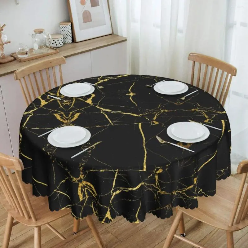 Tischtuch Luxus Schwarz und Gold Marmor Textur Tischdecke Runde abstrakte Muster Geometrische Grafikabdeckung für Party 60 Zoll