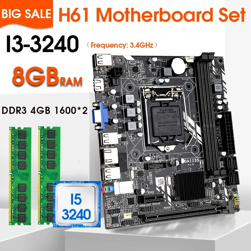 Moderbrädor H61 LGA 1155 Moderkortet med i3 3240 CPU och DDR3 2*4GB = 8 GB PC RAM 1600MHz Set Integrerat grafikkort