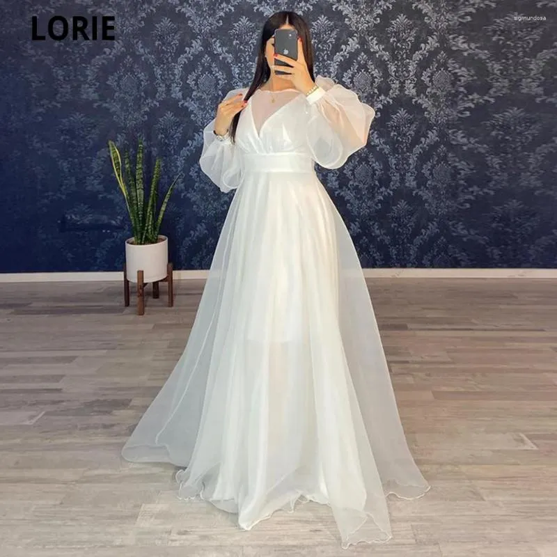 Abiti da festa lorie maniche lunghe abito da sera in tulle bianco a-line di abiti formali di promole vestidos elegantes para mujer