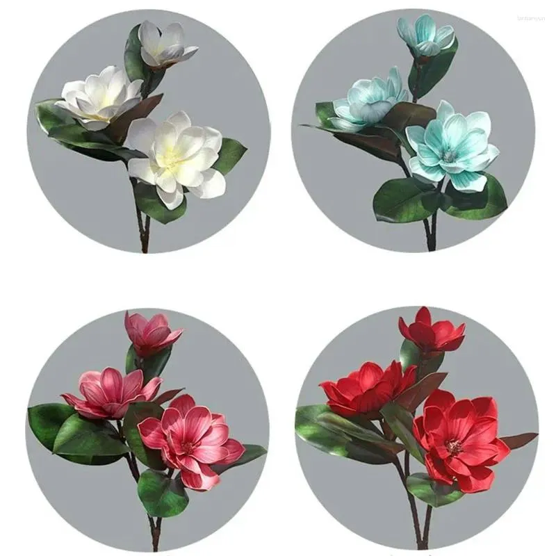 Decorative Flowers 1Pc 3 Heads Simulated Magnolia Artificial Bouquet Non-fading Wedding Flower Arrangement With Leaves Floral Art