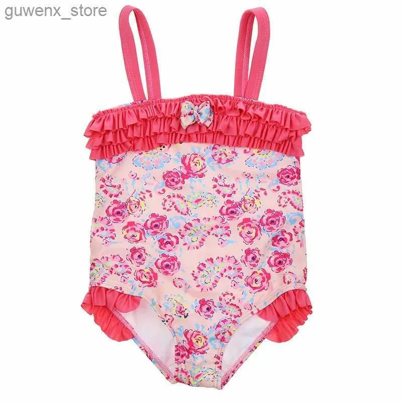 One-pièces Baby girl Swimwear Red Ruffle Floral One Piece Swimsuit Toddler Swimsuit Kids Swimming Child Children Bathing Fissure 1-5 ans Y240412