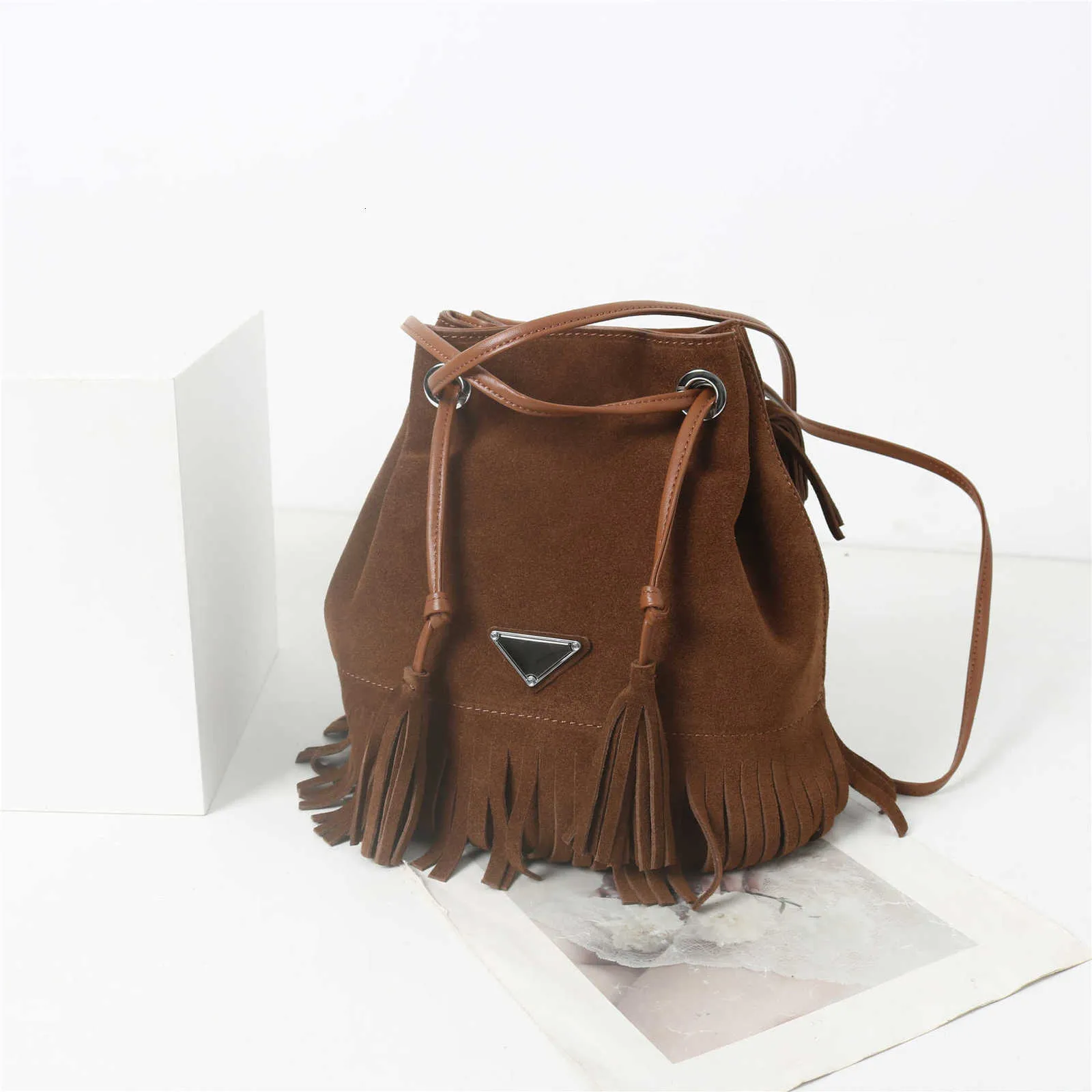 Cowhide Frosted Bag Autumn Niche Design Leather Tassel Bucket Single Shoulder Crossbody