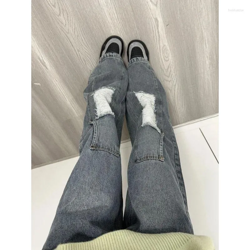 Jeans femininos American High Street Retro Braço Design de moda Sense calças retas de perna lisa larga perna larga