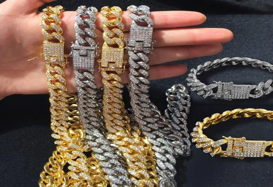 Hip Hop Jewelry Mens Gold Silver Miami Colliers de chaîne de liaison cubaine Fashion Bling Diamond Iced Out Chian Collier Fomen Bracelet7270862