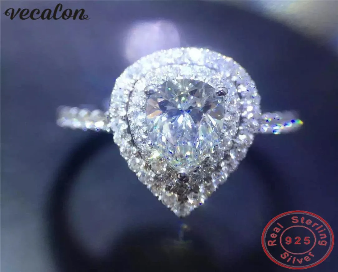 Vecalon Water Drop Promise Ring 925 Sterling Silver Ring Pear Cut Diamond Weddingband Rings for Women Jewelry8032012