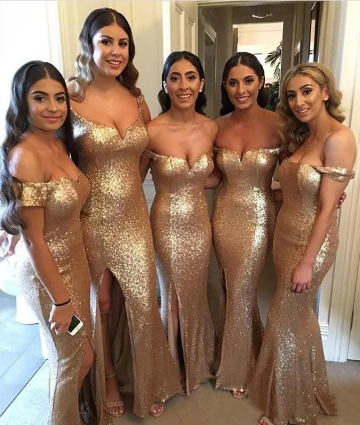 Selling Sequined Mermaid Bridesmaids Dresses Sexy Side Split Off Shoulder Floor Length Maid of Honor Gowns Custom Made BD89037480336