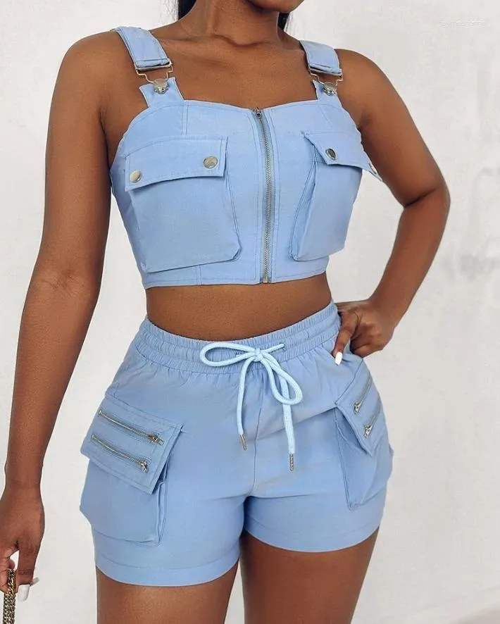 Suits de survêtement pour femmes Costumes urbains 2024 Été Dernières couleurs solides Simple Snap Bouton Dessin Dessin Pocket Design Cami Topzipperfit Shorts Set