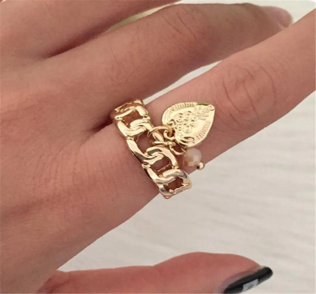 New Fashion Cute Rings Gold Color Chain Shape Rings Lovely Heart and Bead Charm Rings for Modern Fashion Women and Girl Q07084748279