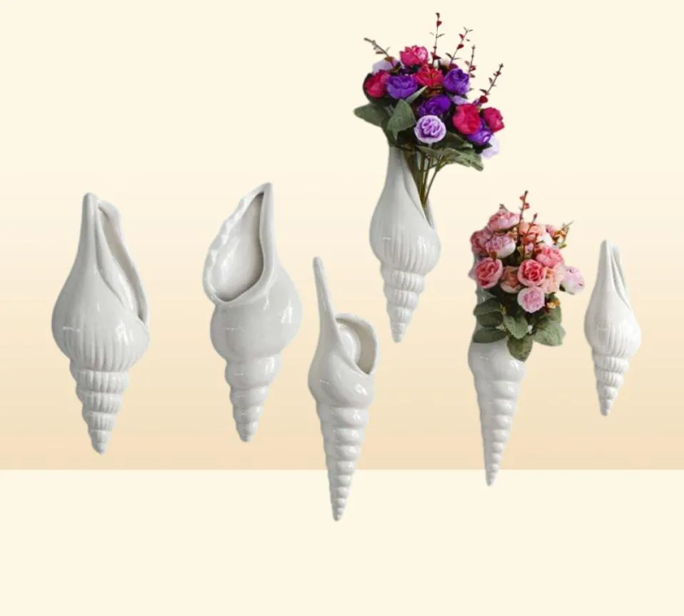 Vases 3 TYPES Modern White Ceramic Sea Shell Conch Flower Vase Wall Hanging Home Decor Living Room Background Decorated4895582
