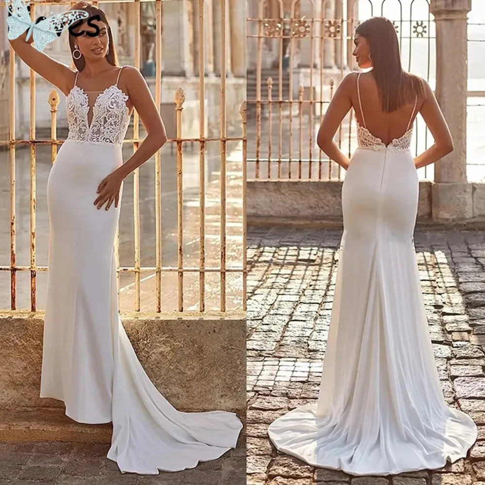 Eenvoudige satijnen zeemeermin trouwjurken spaghetti riemen mouwloze kanten appliqued bruidsjurken boho tuin strand mode sexy backless gewaden de mariee yd