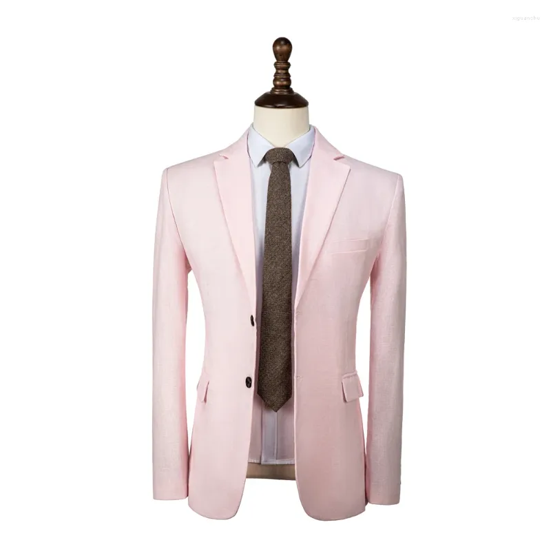 Herenpakken aangepaste zomer linnen man blazer broek 2 knopen bruidegom slijtage formele blauw roze strand bruiloft smoking tuxedos ingekotte revers (jasbroek)