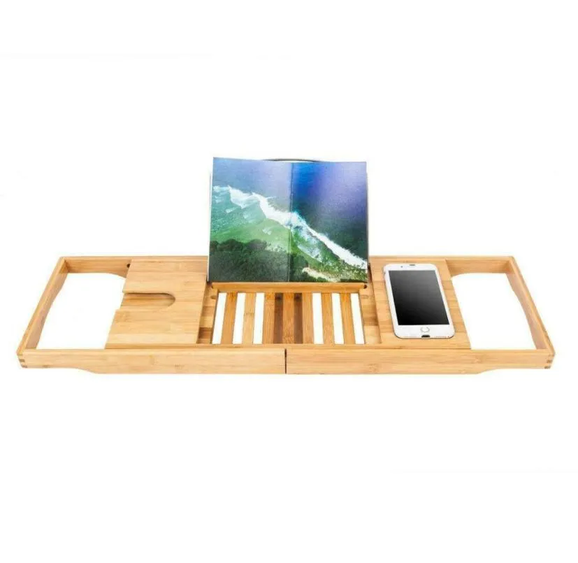 2021 Bamboo Bathtub Caddy Shower Rack Bath Tub Tray Organizer BookPadTablet Holder6302396