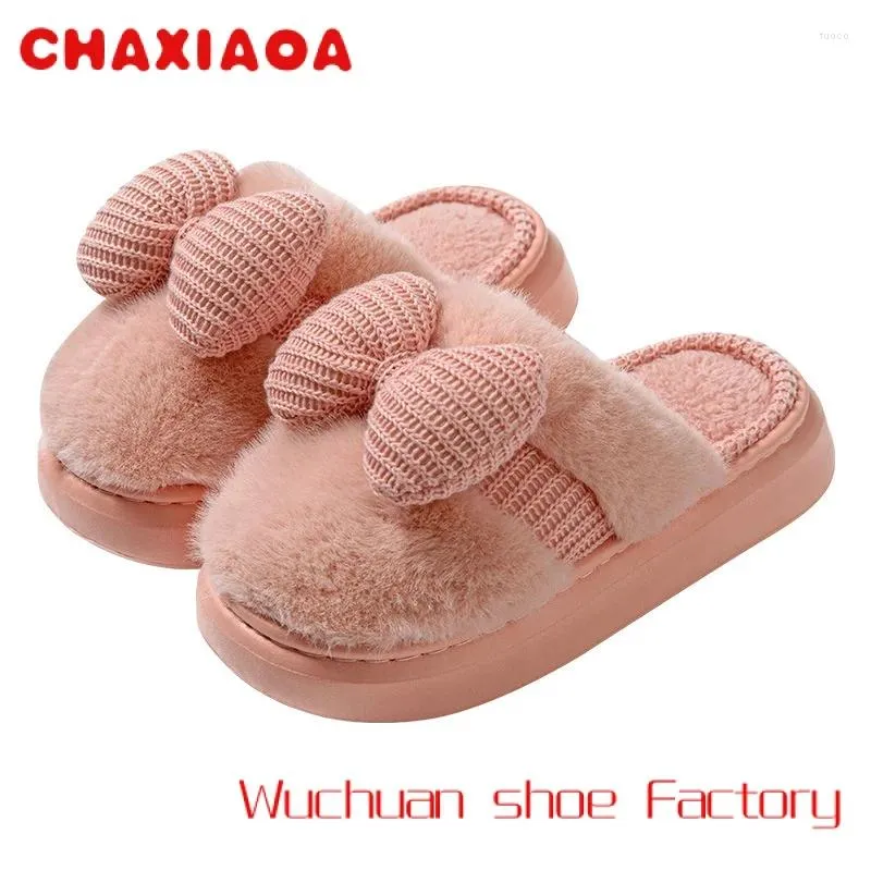 Slippers Fashion Big Bow Knot теплые пушистые пушистые женщины плоские мягкие ева подошва шлепанцы.