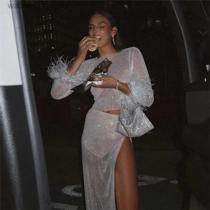 Long Fishnet Skirt for Women with Rhinestone Glitter, Hollow Mesh Side  Split, Ankle-Length Straight Silhouette, Polyester Knit Fabric from Dhgate Sexy  Skirt - price 31.35