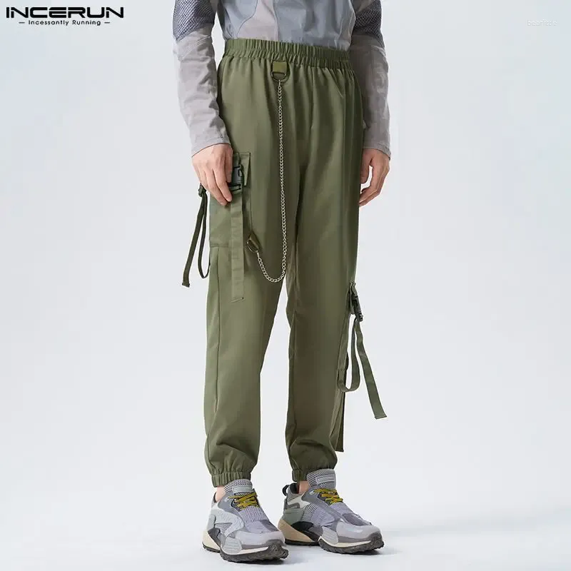 Herrbyxor stilfulla all-match incerun män kedja skolväskan spänne byxor casual streetwear manlig solid last pantalons s-5xl