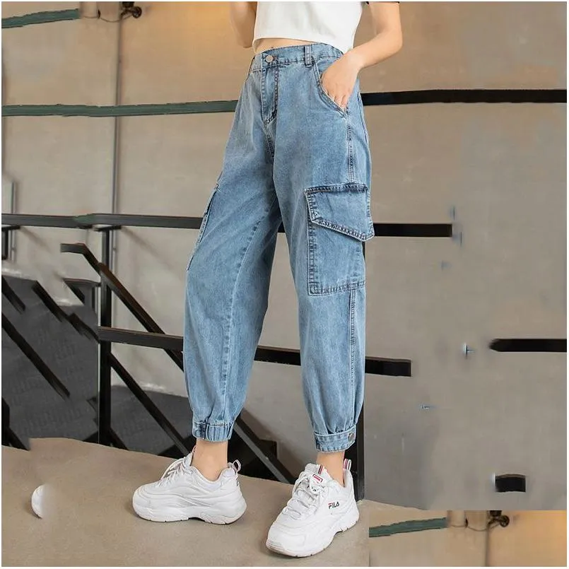 Kvinnors byxor capris höst jeans last kvinnor denim joggare elastisk midja stretch kvinnor avslappnad vintage tvätt lös fit rippad sh190 dheaq