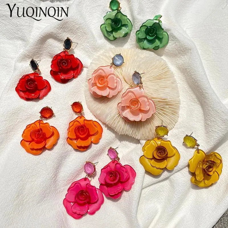 Dangle Earrings Vintage Elegant Korean Acrylic Rose Flower Drop For Women Acetate Resin Long Earings Girls Fashion Jewelry Brincos