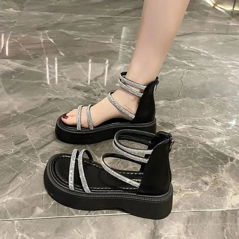 Dress Shoes Footwear Zip Rhinestones Outdoor Summer 2024 Platform Women's Black Sandals For Woman Roman Style H Casual Wholesale Vip F