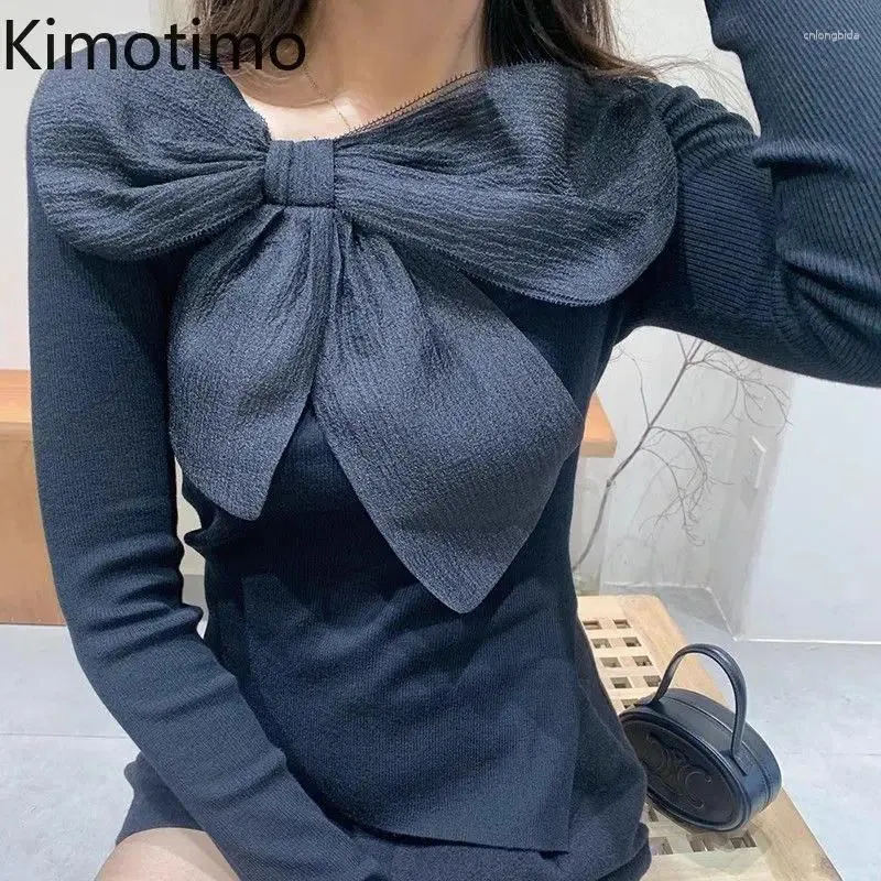 女性のTシャツKIMOTIMO BOW O-NECK長袖女性Maillardファッショナブルなスリムな黒人女性