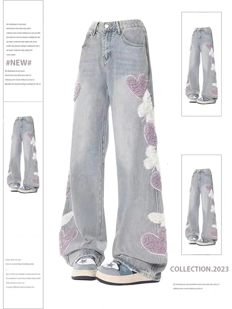 Jeans femininos com coração vintage y2k 90s estético Baggy Denim Trouser 2000S Harajuku Kawaii Wide Cowboy Pants Roupos Trashy 240408