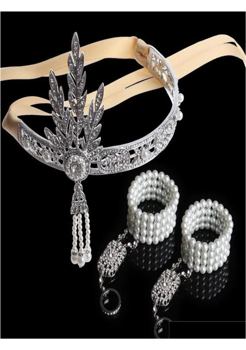 Trendiga 3st stora gatsby pannband hår tillbehör bröllop brud tiara huvudstycke kristalltassels band smycken set ql3mv3716746