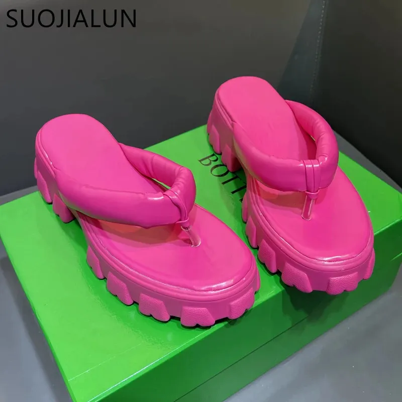 SUOJIALUN Summer Fashion Candy Colorful Slides Low Platform Heel Ladies Outdoor Beach Slipper Slip On Flip Flop Big Size 35-42 240415