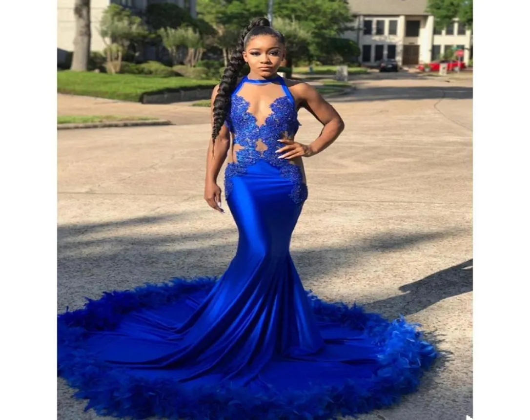 Royal Blue Prom Dresses illusion Sexy Black Girl Lace Feather Court Train Long Mermaid Special Occasion Evening Dresses Formal Wea1755222