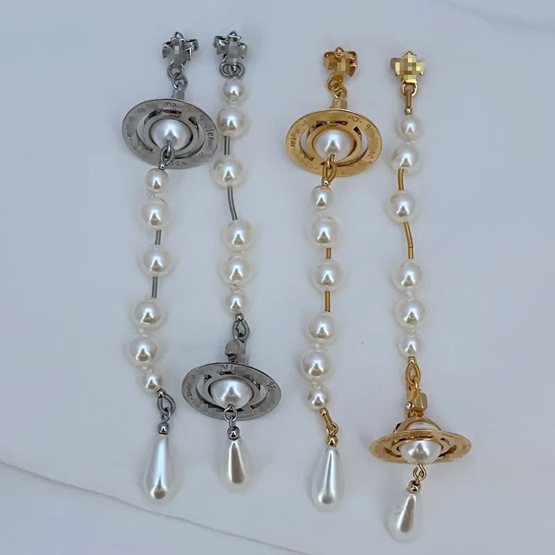 Lady Designer Saturn Charm Earrings Silver and Gold Water Droplet Shaped Pearl Earrings